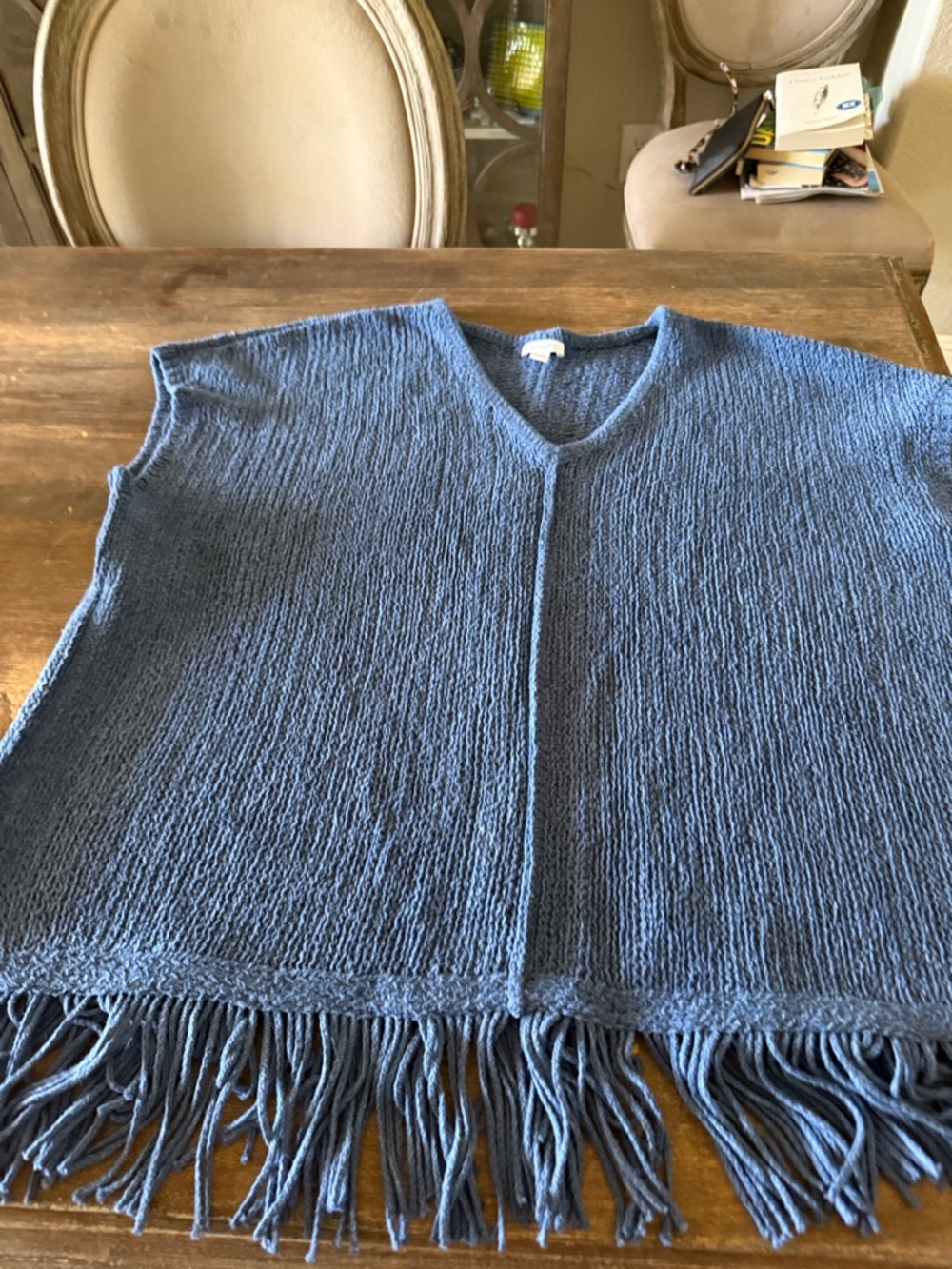 J. Jill Denim Blue V-Neck Fringe Knit Sleeveless Sweater